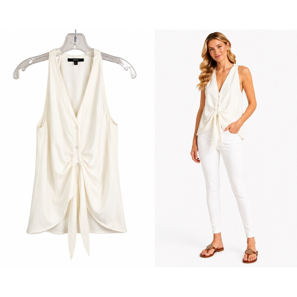 Drew Top M Sleeveless V Neck Button Front Tie Boho Festival Minimalist Classic